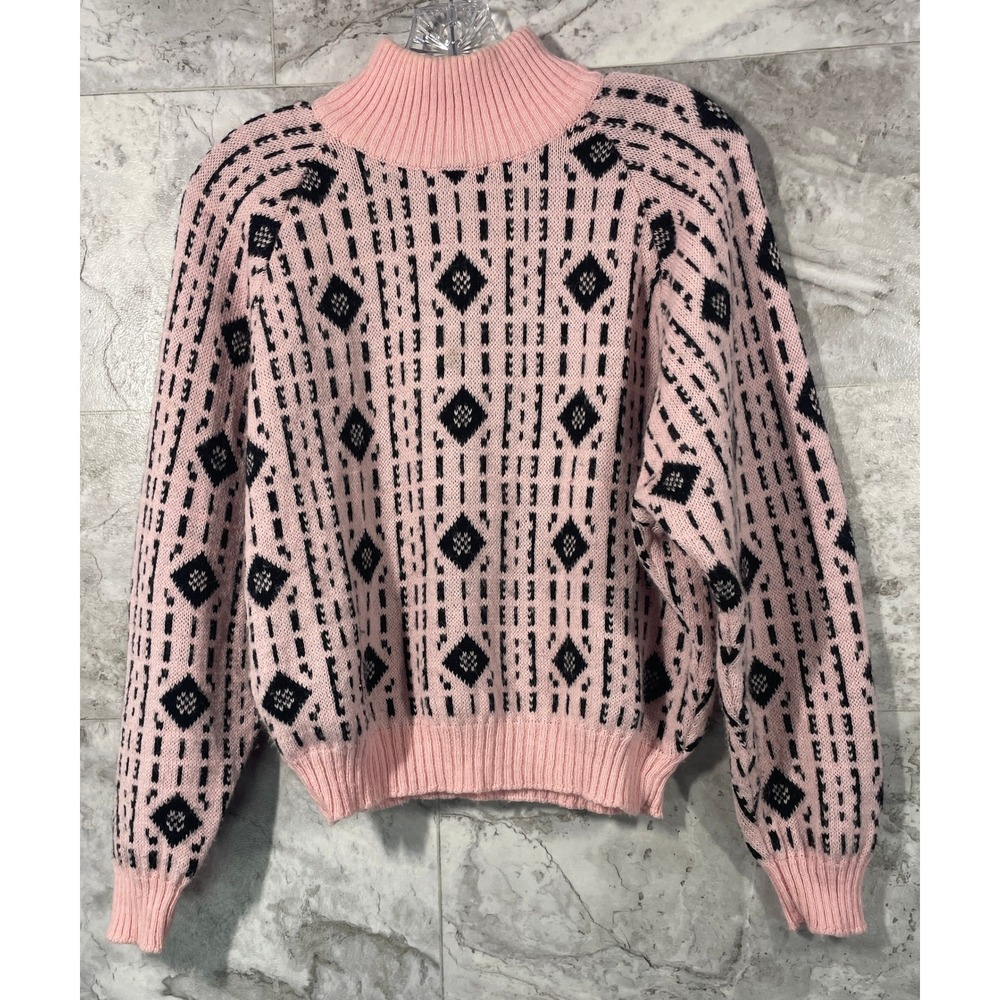 Benellan Women's Sweater Wool/Alpaca Sz 46(S) Pink Black Mock Neck Knit Pullover